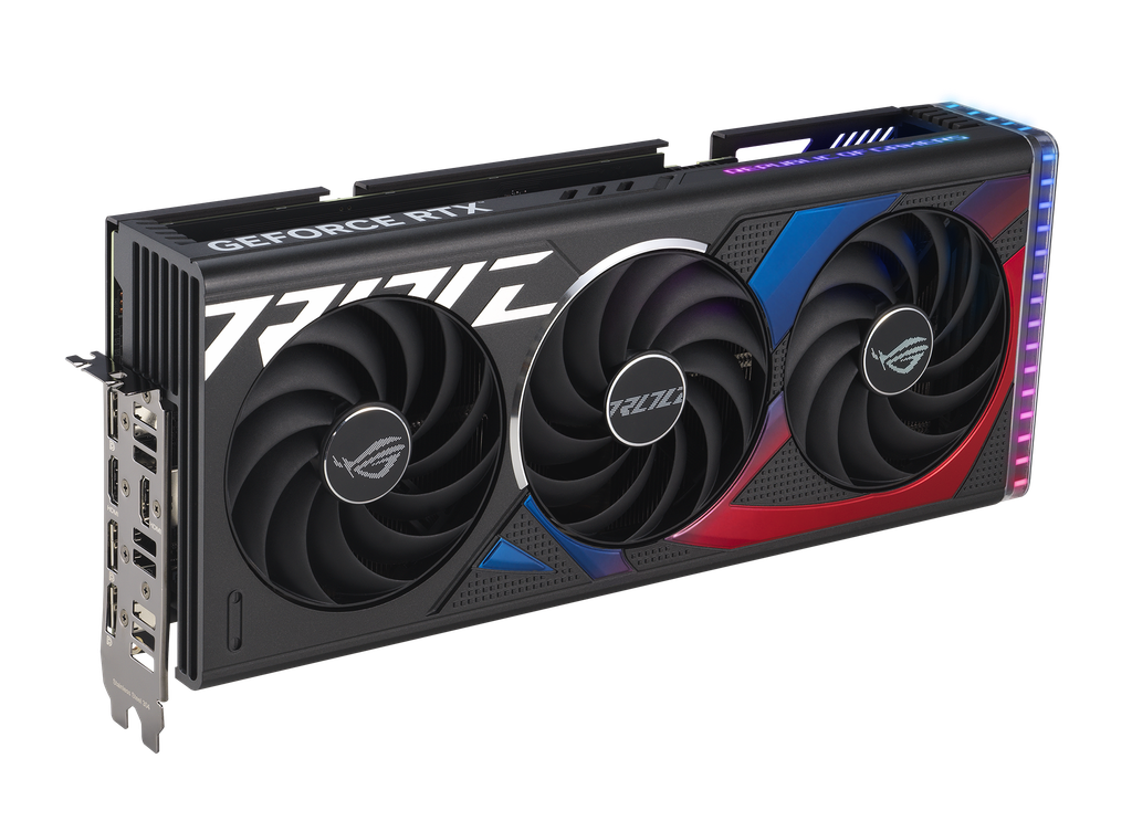 ROG Strix GeForce RTX 4070 graphics card highlighting the axial-tech fans and ARGB element